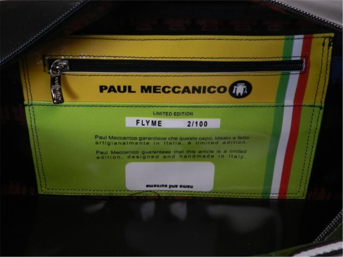 HAND LUGGAGE BAG BLACK GREY YELLOW 40 X 20 X 25 CM. MODEL FLYME MADE OF LORRY TARPAULIN. - Paul Meccanico