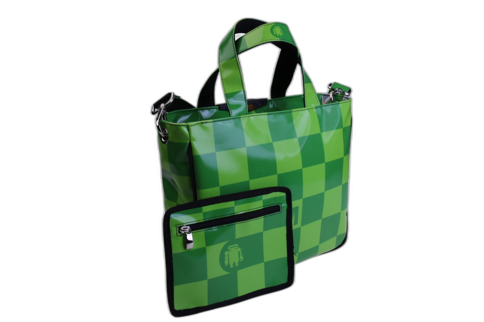 ..TOTE VERDE CON FANTASIA A SCACCHI. MODELLO GLAM REALIZZATO CON TELONI DI CAMION.