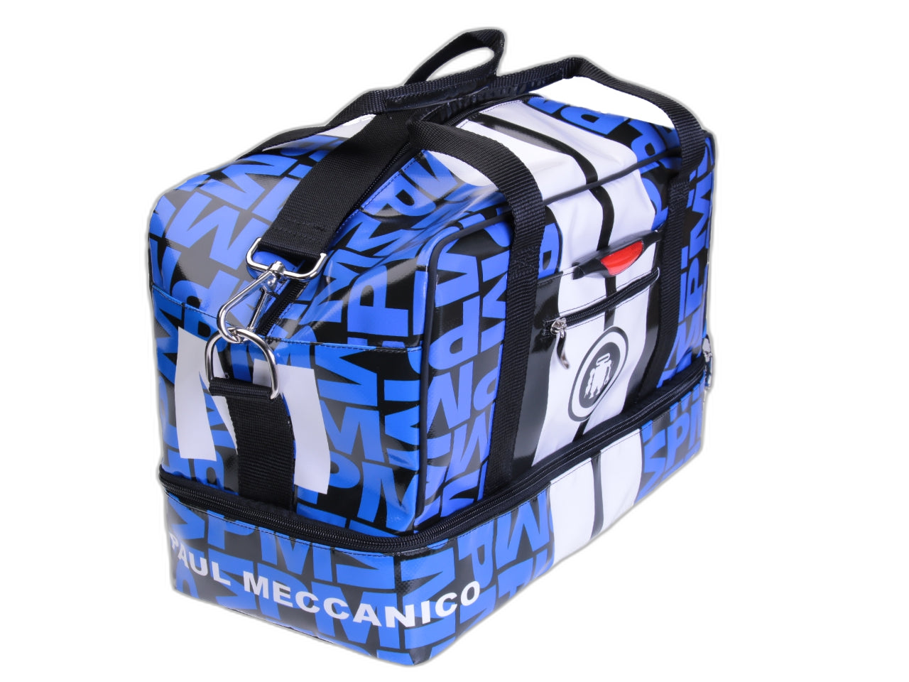 BORSA PER BAGAGLI A MANO NERA, BLU E BIANCA 40 X 20 X 25 CM. MODELLO FLYME IN TELONE DA CAMION.