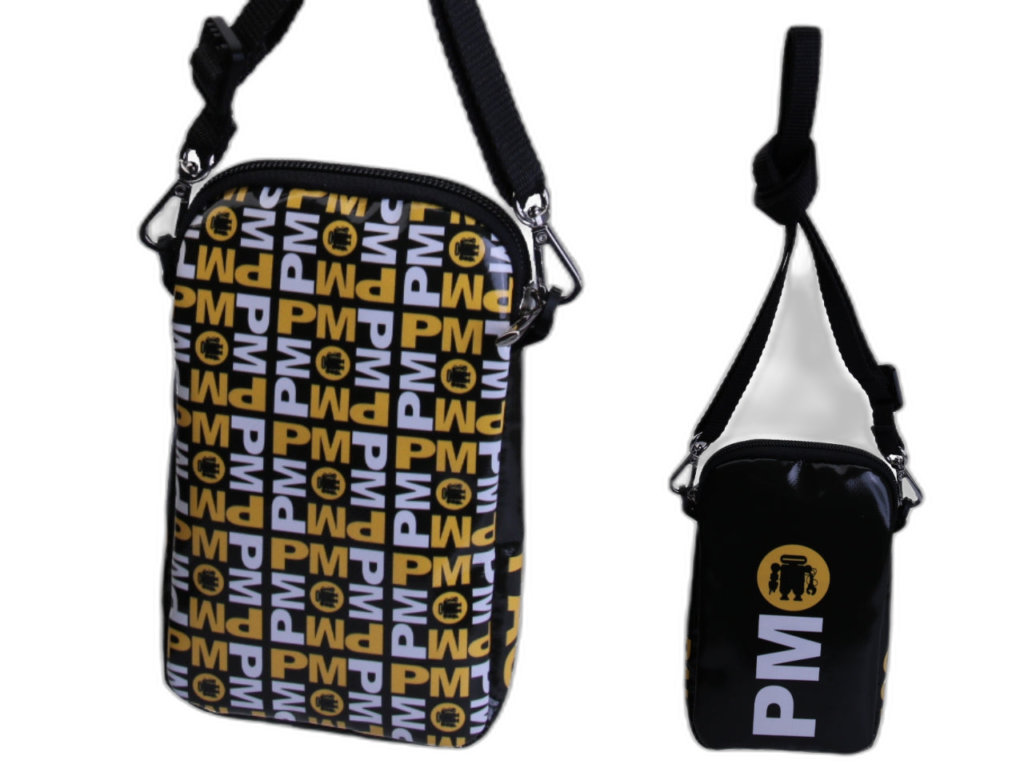 BORSA PER CELLULARE FORESTA NERA, COLORI GIALLO E BIANCO, SCRITTE FANTASIA.