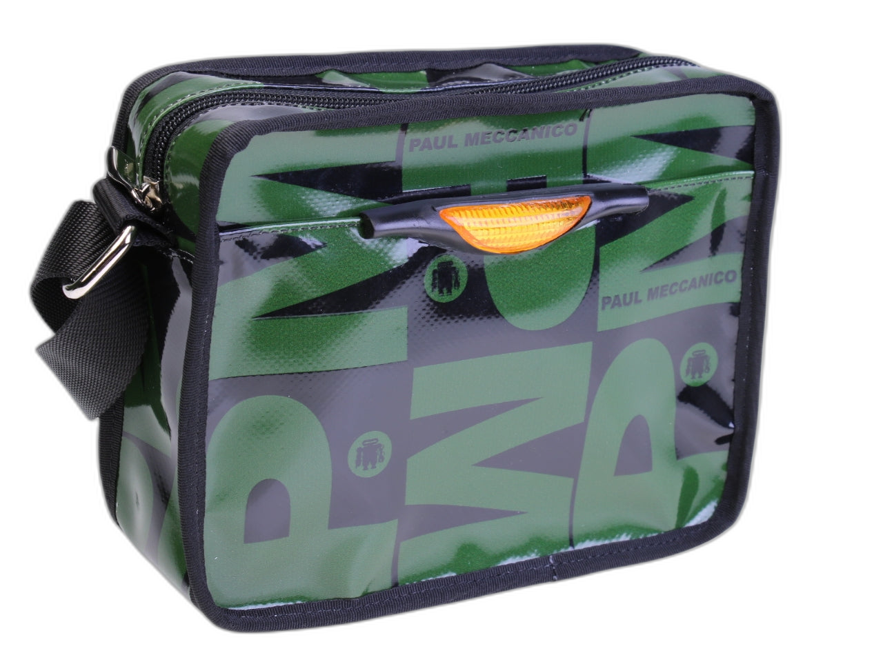 ..BORSA A TRACOLLA GENDERLESS NERA E VERDE SCURO CON FANTASIA DI LETTERE. MODELLO FRIK REALIZZATO CON TELONE DI CAMION.