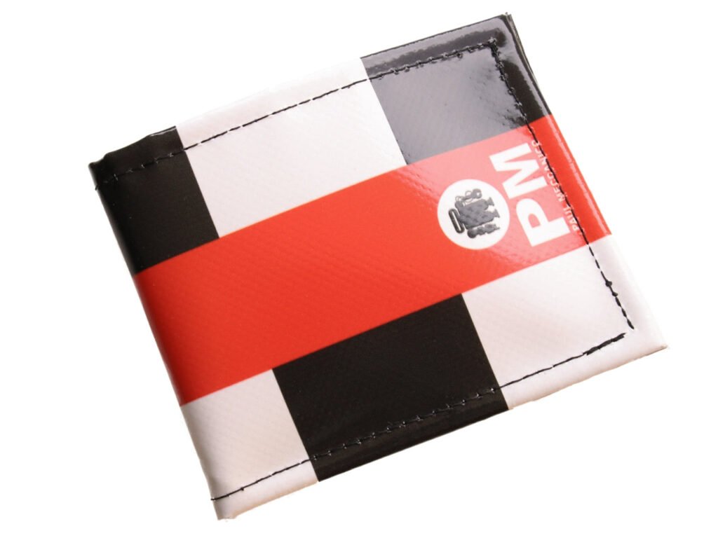 PORTAFOGLIO DA UOMO NERO, BIANCO E ROSSO. MODELLO CRIK REALIZZATO CON TELONE DA CAMION.