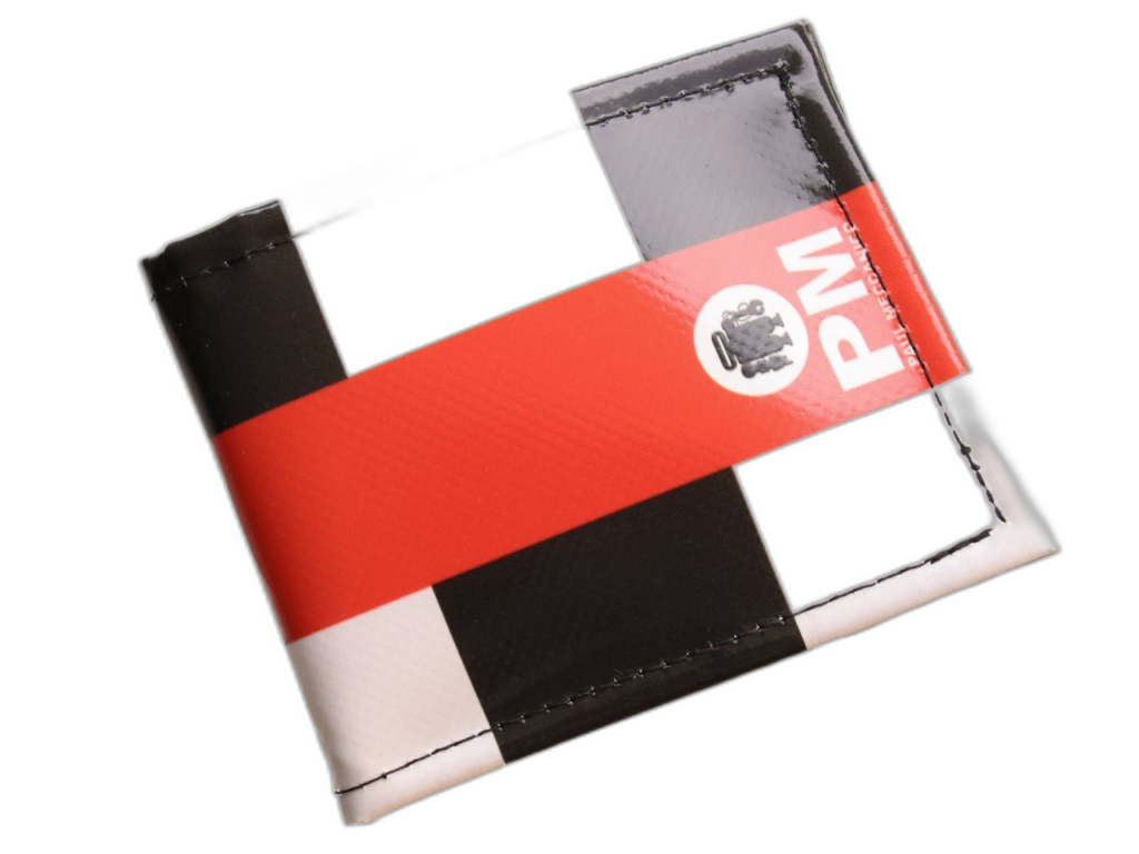 PORTAFOGLIO DA UOMO NERO, BIANCO E ROSSO. MODELLO CRIK REALIZZATO CON TELONE DA CAMION.