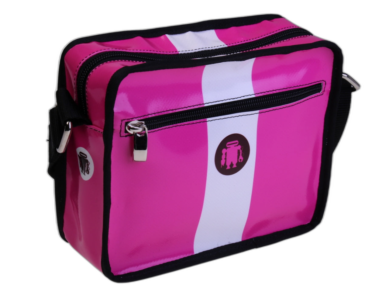 ...BORSA A TRACOLLA FUXIA E BIANCA. MODELLO FRIK REALIZZATO CON TELONI DI CAMION.