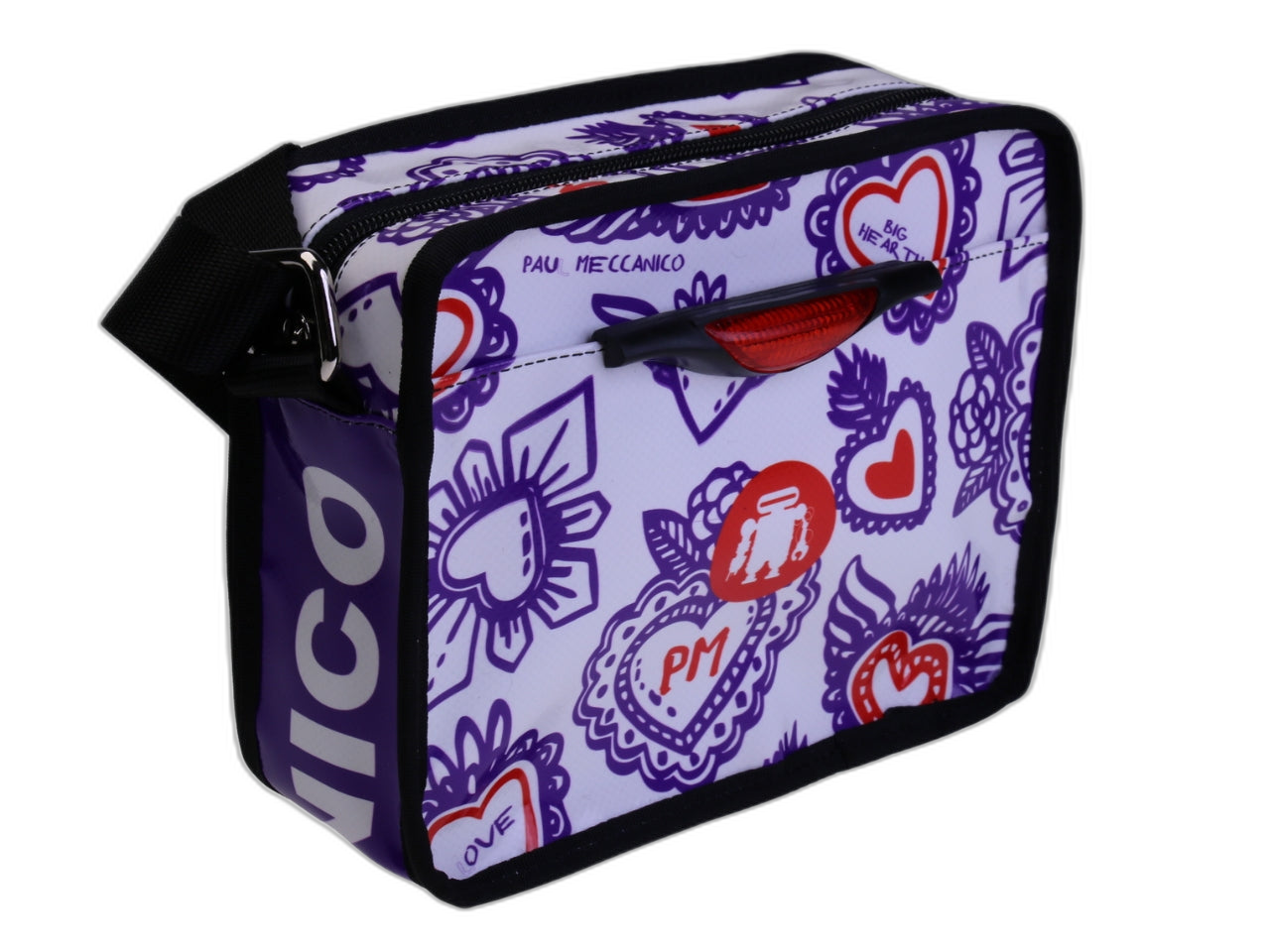 ..BORSA A TRACOLLA BIANCA "HEARTS". MODELLO FRIK REALIZZATO CON TELONI DI CAMION.