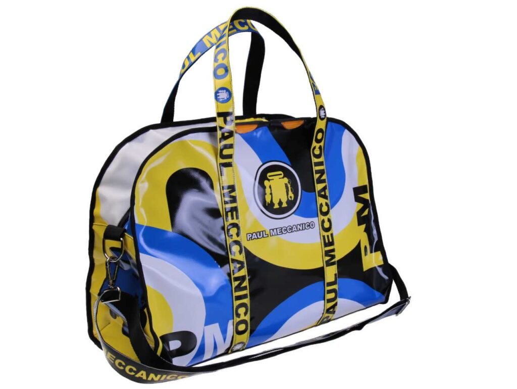 BORSA GRANDE DA VIAGGIO O SPORTIVA NEI COLORI GIALLO, AZZURRO E NERO. MODELLO RAID IN TELONE DA CAMION.