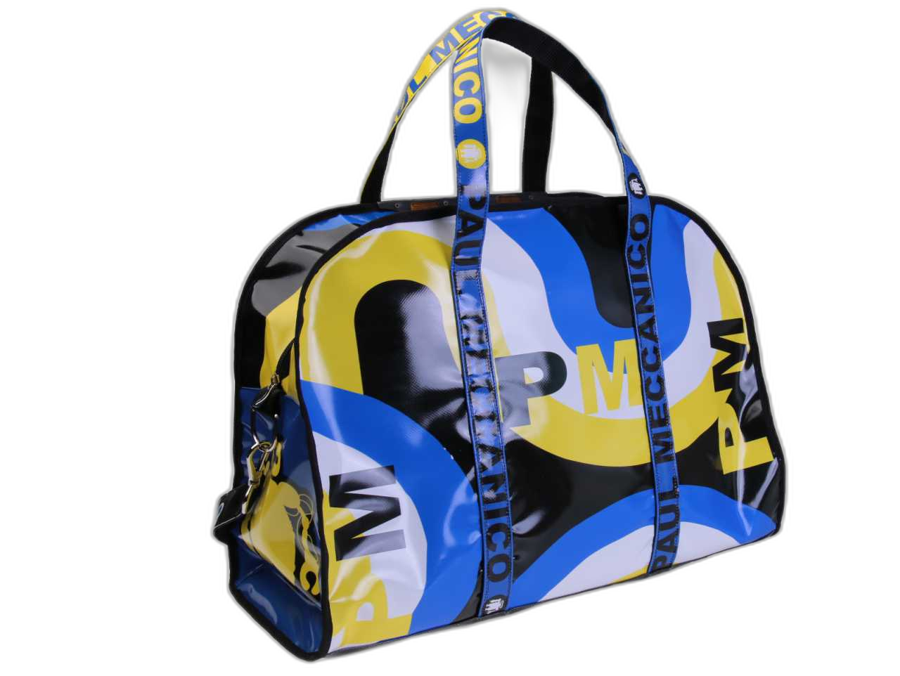 BORSA GRANDE DA VIAGGIO O SPORTIVA NEI COLORI GIALLO, AZZURRO E NERO. MODELLO RAID IN TELONE DA CAMION.