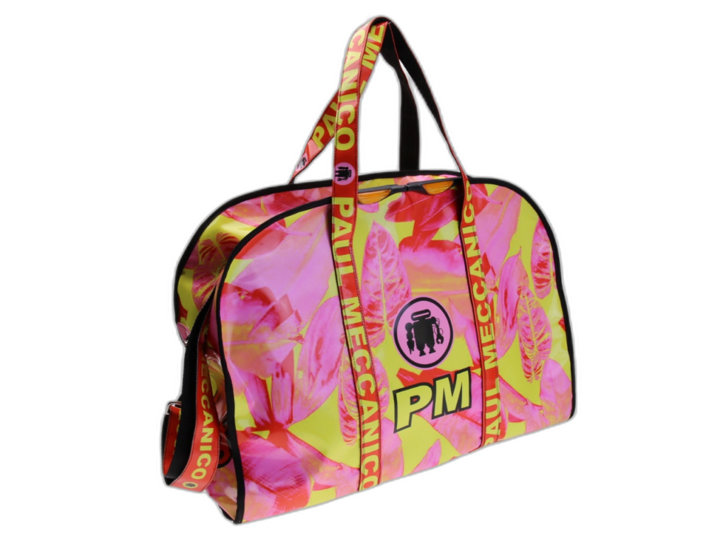 ...BORSA GRANDE DA VIAGGIO O SPORTIVA ROSA E GIALLA CON FANTASIA FLOREALE. MODELLO RAID IN TELONE DA CAMION.