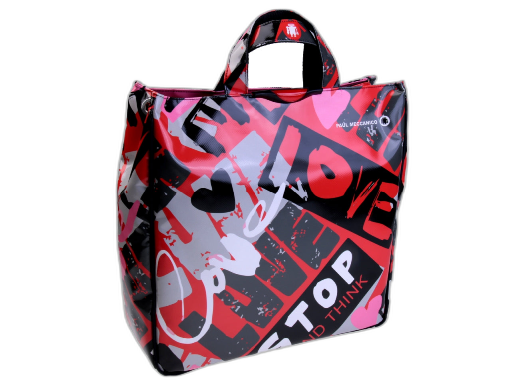 MAXI TOTE BAG ROSSA "LOVE". MODELLO AIRSTONE REALIZZATO CON TELONI DI CAMION.