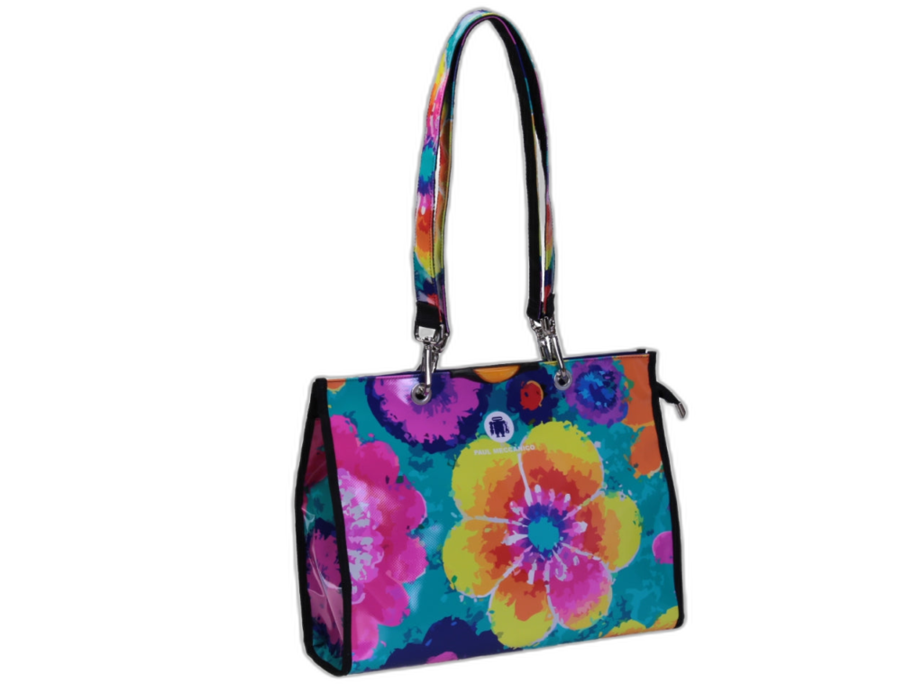 BORSA SHOPPER FANTASIA FLOREALE "ACQUERELLO". MODELLO PEPE REALIZZATO CON TELONI DI CAMION.