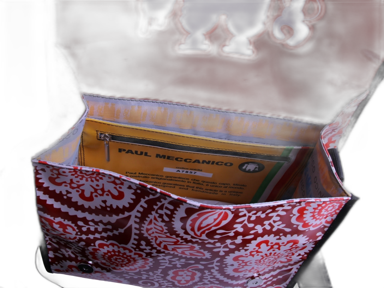 _ CROSSBODY BAG RED WITH MAJOLICA FANTASY. MODEL BREAK MADE OF LORRY TARPAULIN.