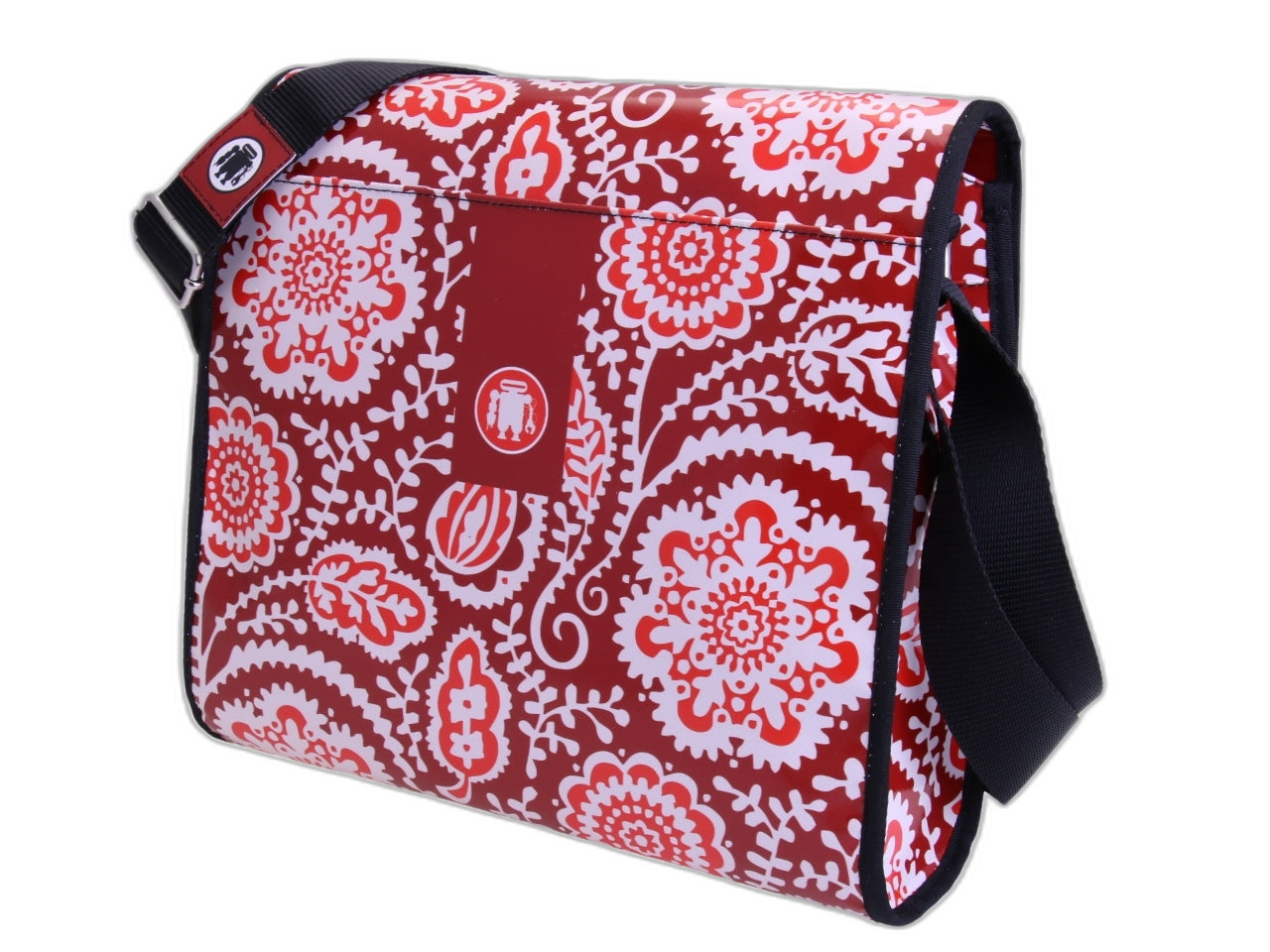 BORSA CROSSBODY ROSSA CON FANTASIA MAIOLICA. MODELLO BREAK REALIZZATO CON TELONI DI CAMION.