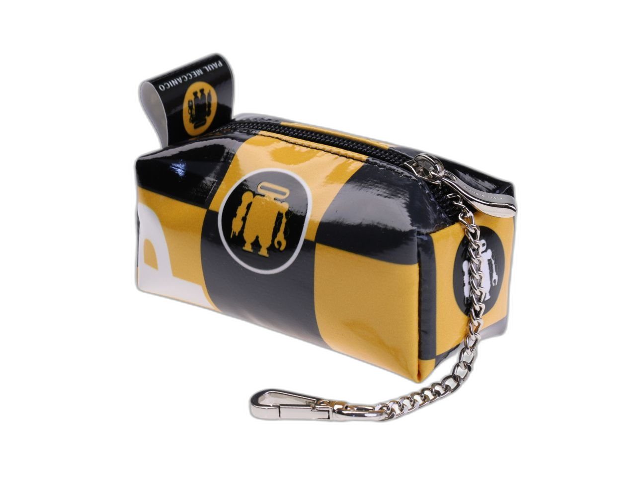 ...PORTACHIAVI A FORMA DI PORTAMATITE NEI COLORI NERO E GIALLO CON FANTASIA A SCACCHI.