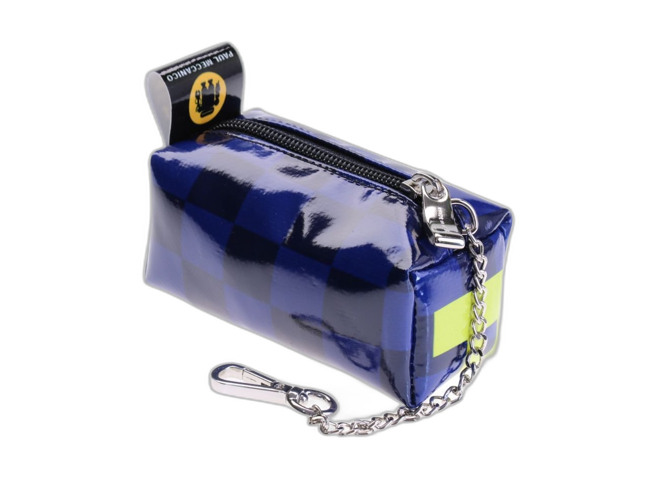...ASTUCCIO PORTACHIAVI DI COLORE BLU CON FANTASIA A SCACCHI REALIZZATO IN TELONE DI CAMION.