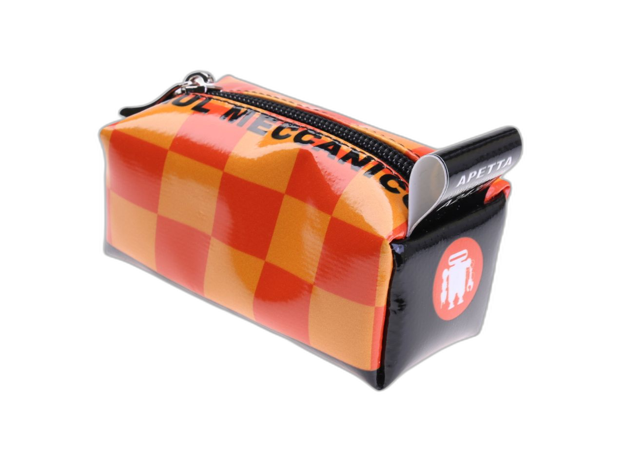 ...ASTUCCIO PORTACHIAVI DI DESIGN NEI COLORI ARANCIONE E ROSSO CON FANTASIA A SCACCHI REALIZZATO CON TELONI DI CAMION.