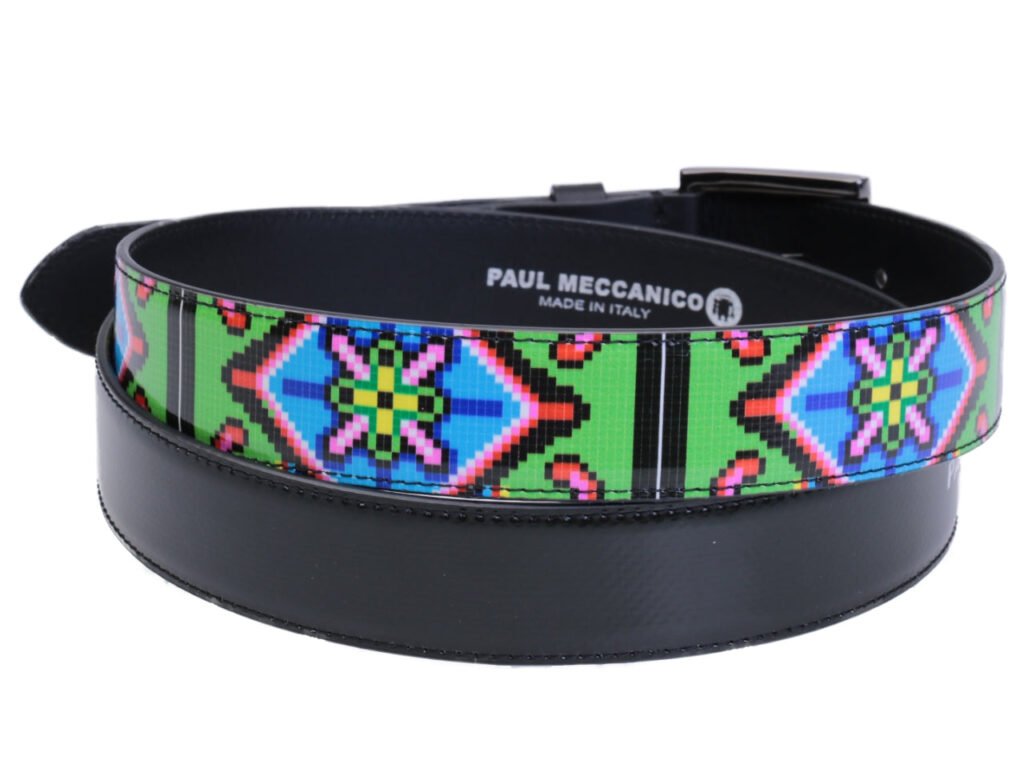 CINTURA DA DONNA NERA E VERDE CON FANTASIA PIXEL REALIZZATA CON TELONI DI CAMION. - Pezzi unici Paul Meccanico