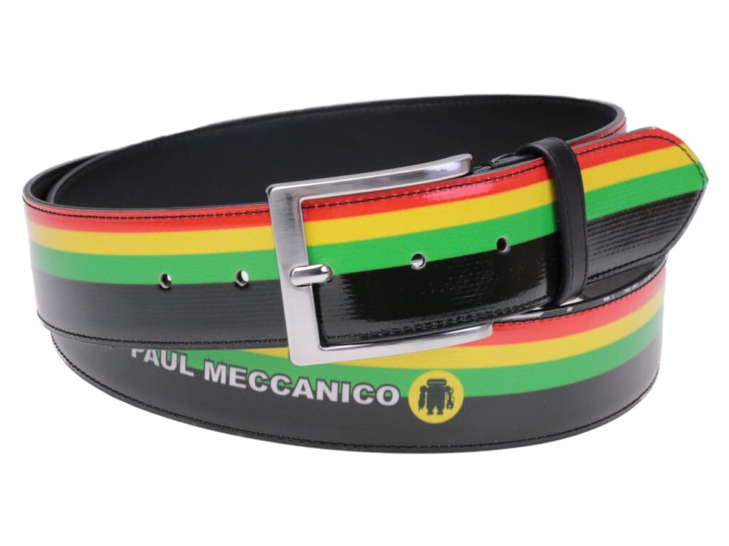 CINTURA DA UOMO A RIGHE NEI COLORI NERO FORESTA, VERDE, GIALLO E ROSSO REALIZZATA CON TELONI DI CAMION.