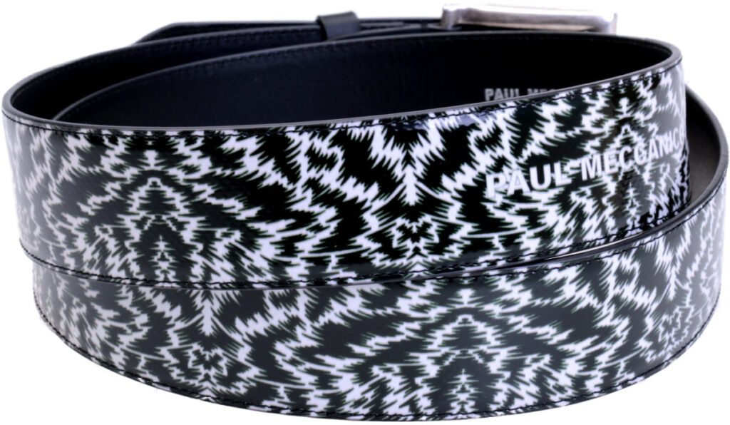 ...CINTURA DA UOMO IN BIANCO E NERO CON FANTASIA ANIMALIER REALIZZATA CON TELONI DI CAMION. - Pezzi unici Paul Meccanico