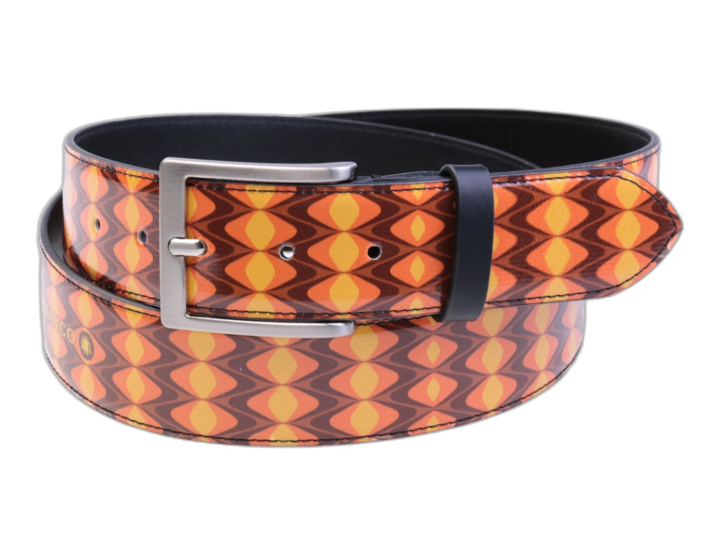 CINTURA ARANCIONE DA UOMO CON FANTASIA OPTICAL REALIZZATA CON TELONI DI CAMION.