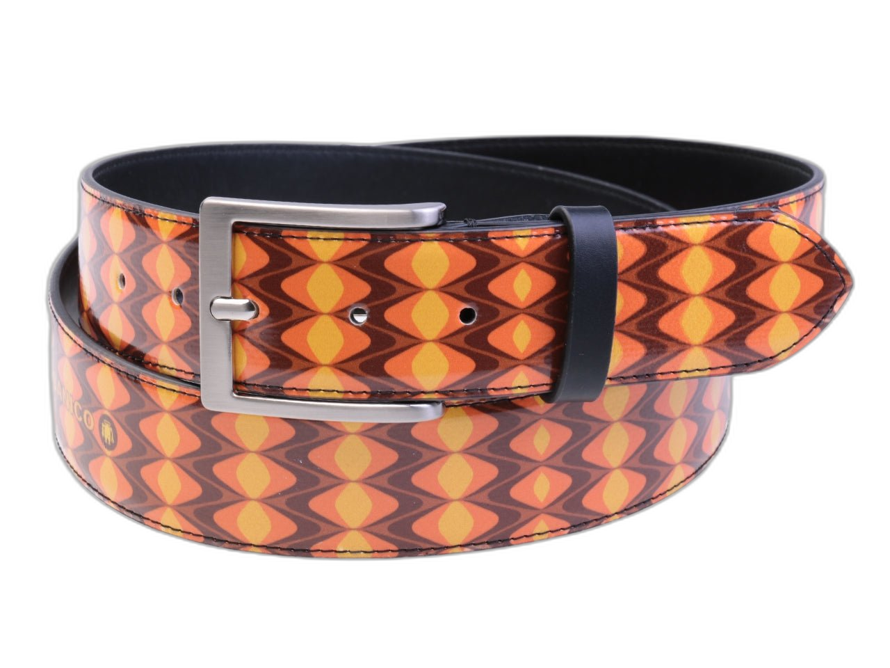 CINTURA ARANCIONE DA UOMO CON FANTASIA OPTICAL REALIZZATA CON TELONI DI CAMION.
