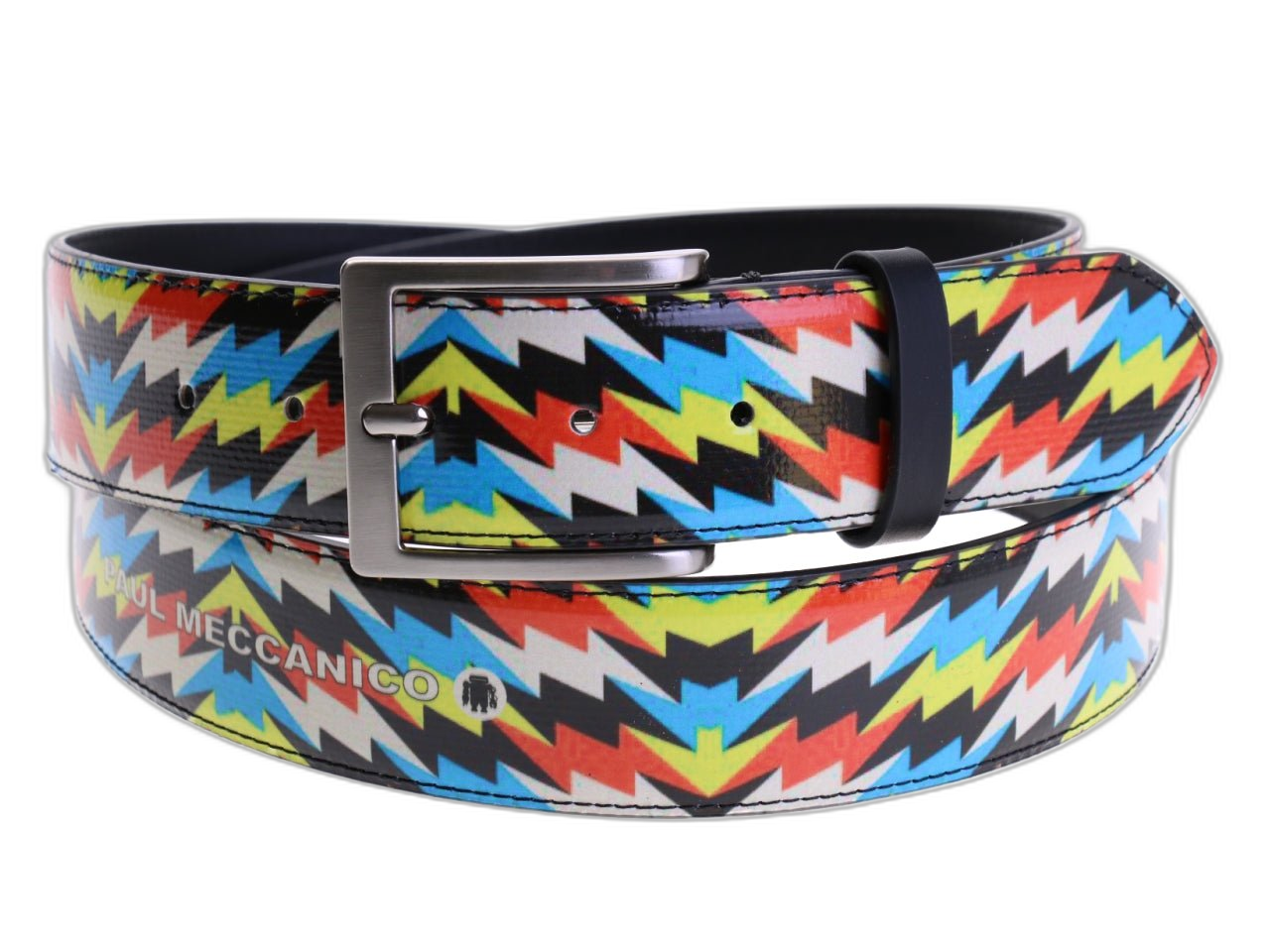 CINTURA DA UOMO MULTICOLORE CON FANTASIA GEOMETRICA REALIZZATA IN TELONE DA CAMION.