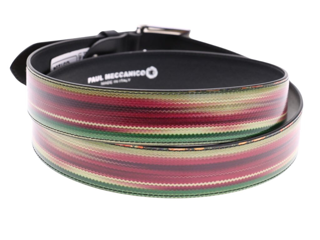 .CINTURA DA UOMO VIOLA, VERDE E BEIGE CON FANTASIA TIE DYE REALIZZATA CON TELONI DI CAMION.