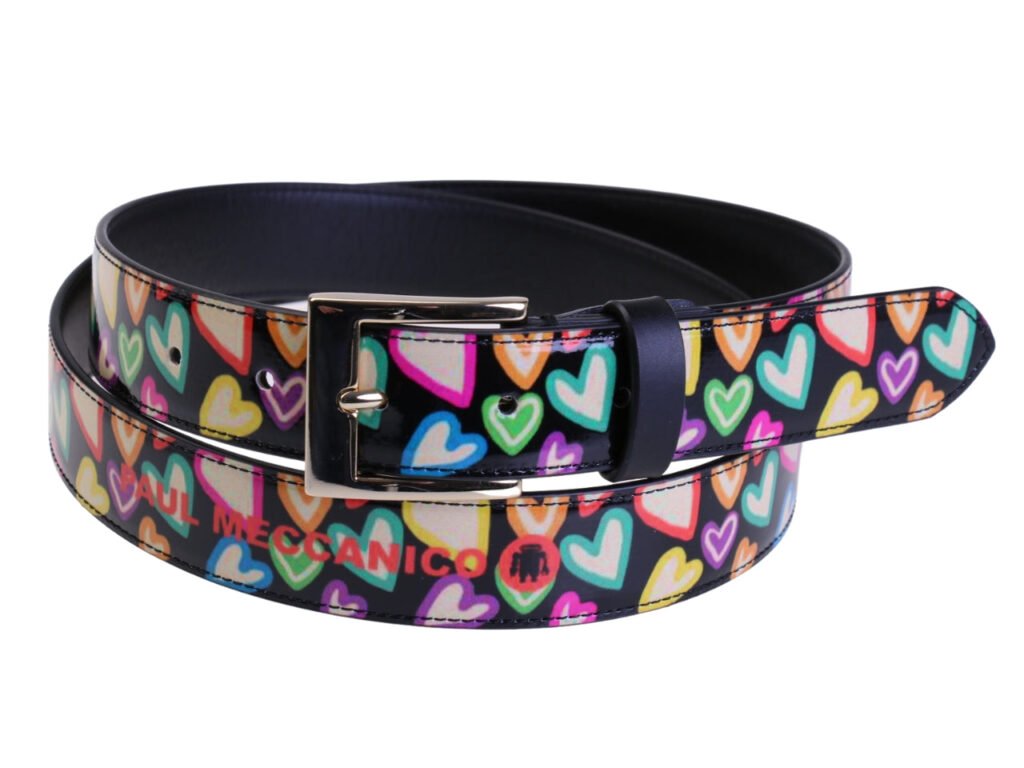 .CINTURA DA DONNA NERA CON "CUORI MULTICOLORE" IN TELONE DA CAMION.