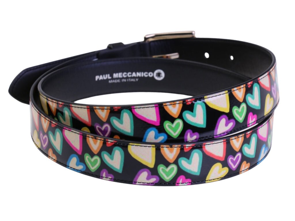 .CINTURA DA DONNA NERA CON "CUORI MULTICOLORE" IN TELONE DA CAMION.