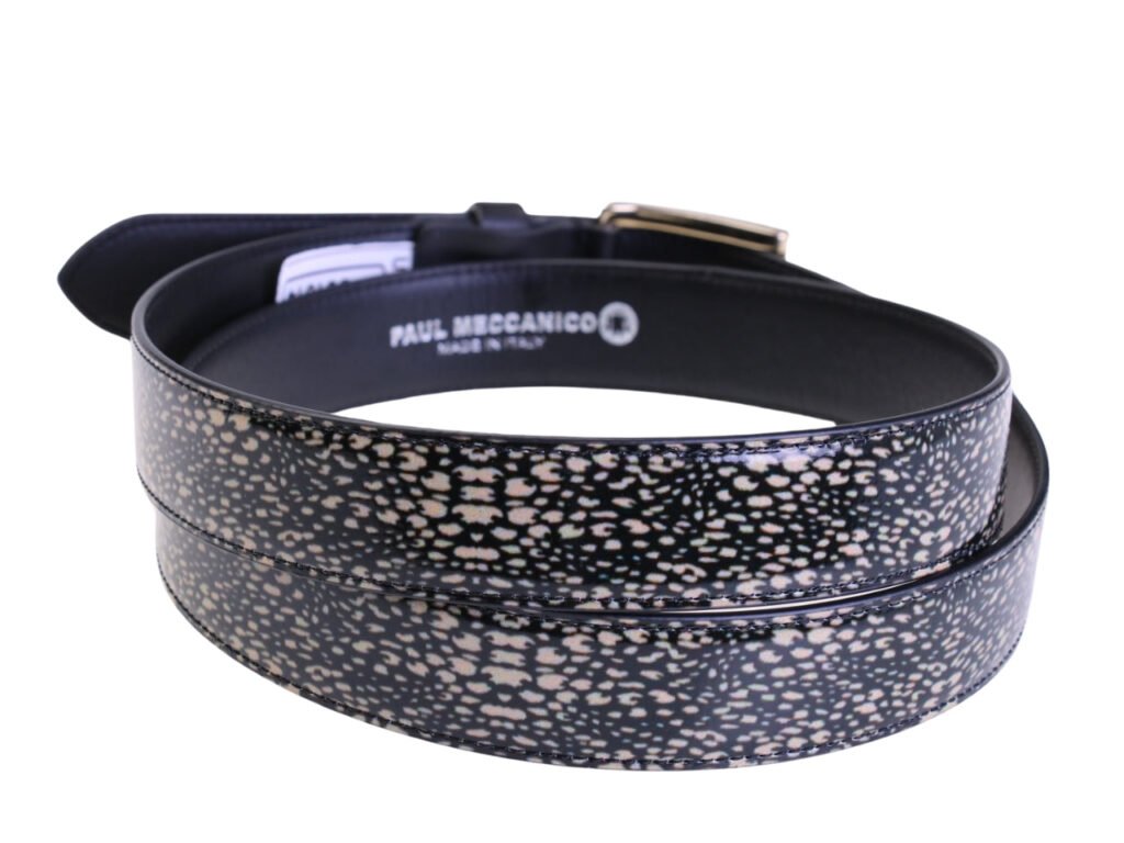 .CINTURA DA DONNA BEIGE E NERA CON FANTASIA ANIMALIER REALIZZATA CON TELONI DI CAMION.