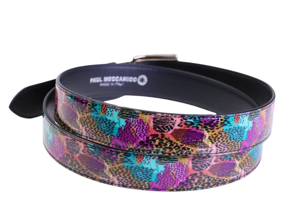.CINTURA DA DONNA MULTICOLORE CON FANTASIA ANIMALIER REALIZZATA IN TELONE DA CAMION.