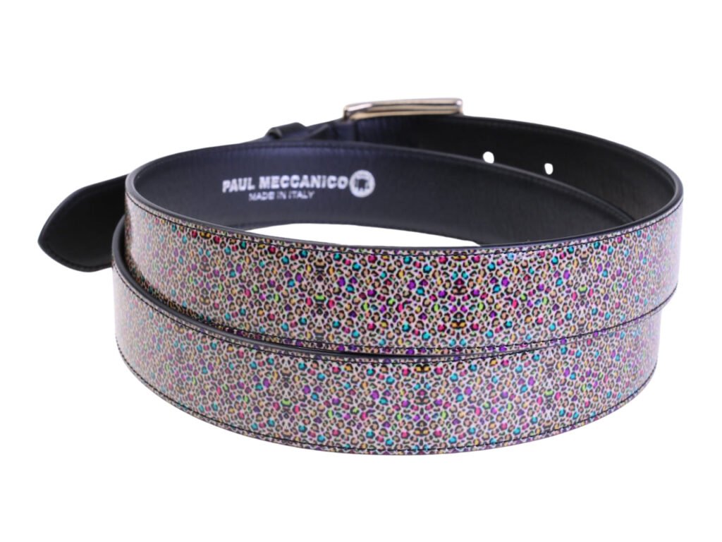 .CINTURA DA DONNA MULTICOLORE CON FANTASIA ANIMALIER REALIZZATA IN TELONE DA CAMION.