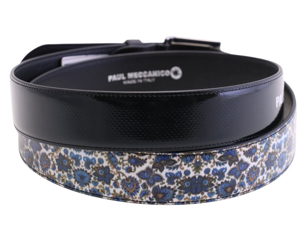 -CINTURA DA UOMO BLU CON FANTASIA FLOREALE IN TELONE DA CAMION.