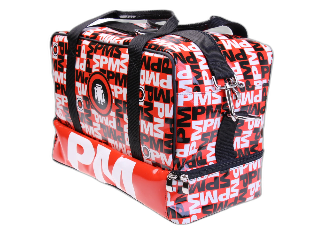 RED HAND LUGGAGE BAG WITH LETTERING FANTASY 40 X 20 X 25 CM. MODEL FLYME MADE OF LORRY TARPAULIN.