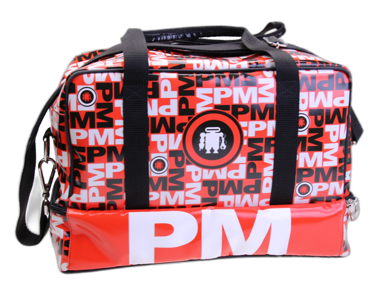 RED HAND LUGGAGE BAG WITH LETTERING FANTASY 40 X 20 X 25 CM. MODEL FLYME MADE OF LORRY TARPAULIN.