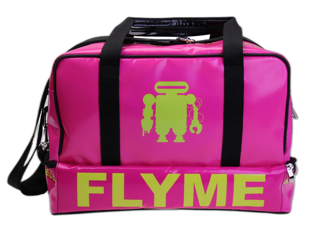 FUCHSIA HAND LUGGAGE BAG 40 X 20 X 25 CM. MODEL FLYME MADE OF LORRY TARPAULIN.