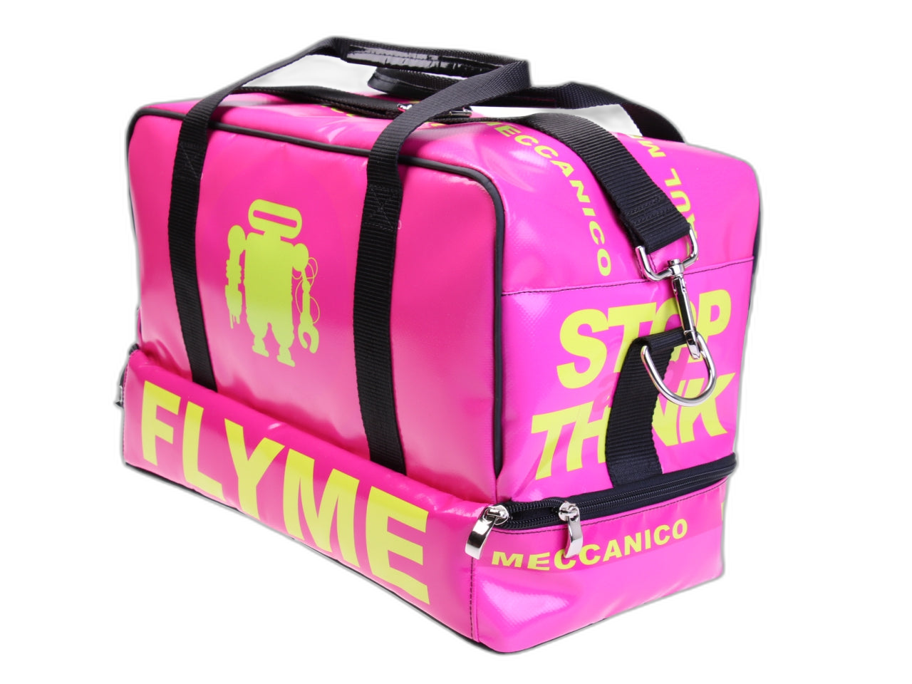 FUCHSIA HAND LUGGAGE BAG 40 X 20 X 25 CM. MODEL FLYME MADE OF LORRY TARPAULIN.