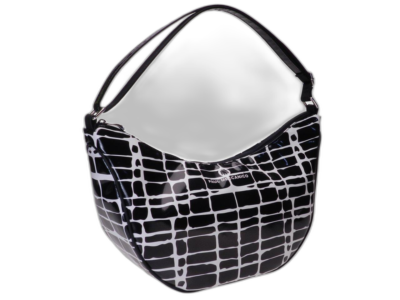 BORSA A MEZZALUNA FANTASIA IN BIANCO E NERO. MODELLO SPACCATO REALIZZATO CON TELONI DI CAMION. - Edizione limitata Paul Meccanico