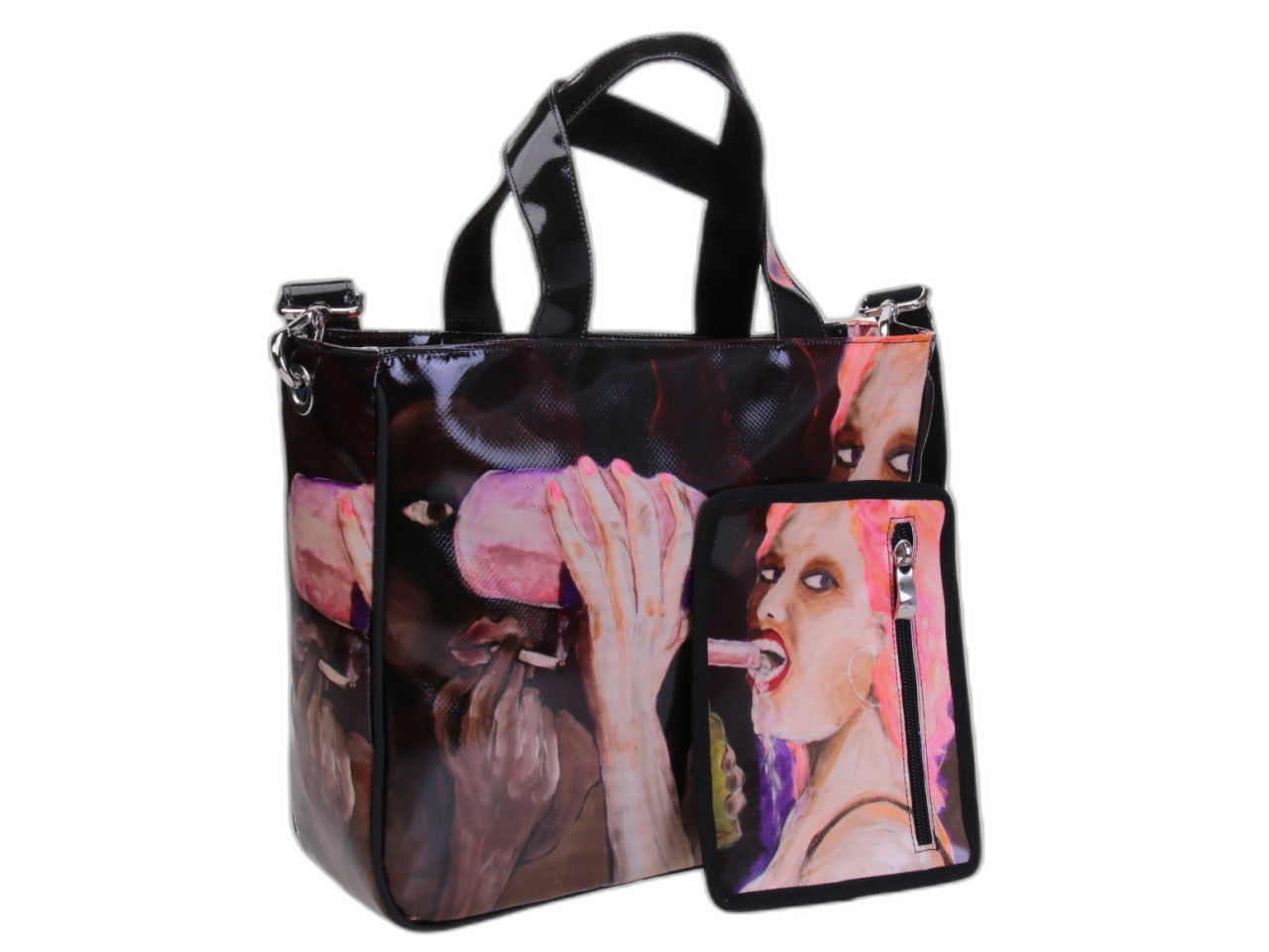 TOTE BAG "FIESTA" DI PAUL ALBERT DARI. MODELLO GLAM REALIZZATO CON TELONI DI CAMION. LIBRO "LA PITTURA E' DONNA INCLUSO NEL PREZZO".