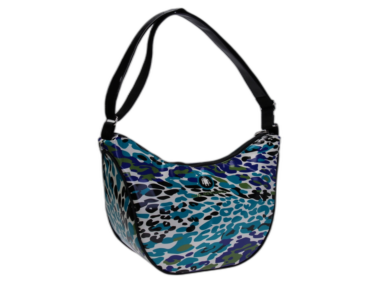 ...BORSA A MEZZALUNA DI COLORE AZZURRO CON FANTASIA ANIMALIER. MODELLO DIVISO IN TELONI DI CAMION.