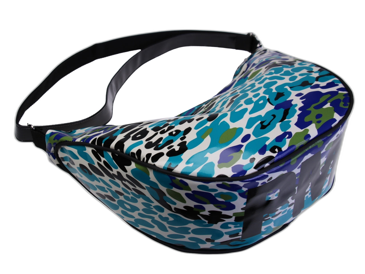 ...CRESCENT BAG LIGHT BLUE COLOUR WITH ANIMALIER FANTASY. MODEL SPLIT MADE OF LORRY TARPAULIN.