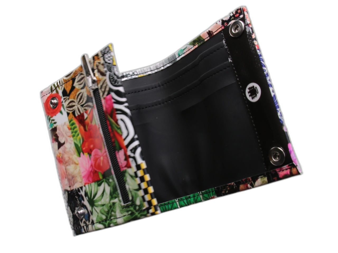 PORTAFOGLIO DONNA FANTASIA FLOREALE. MODELLO TREK REALIZZATO CON TELONI DI CAMION. - Edizione limitata Paul Meccanico