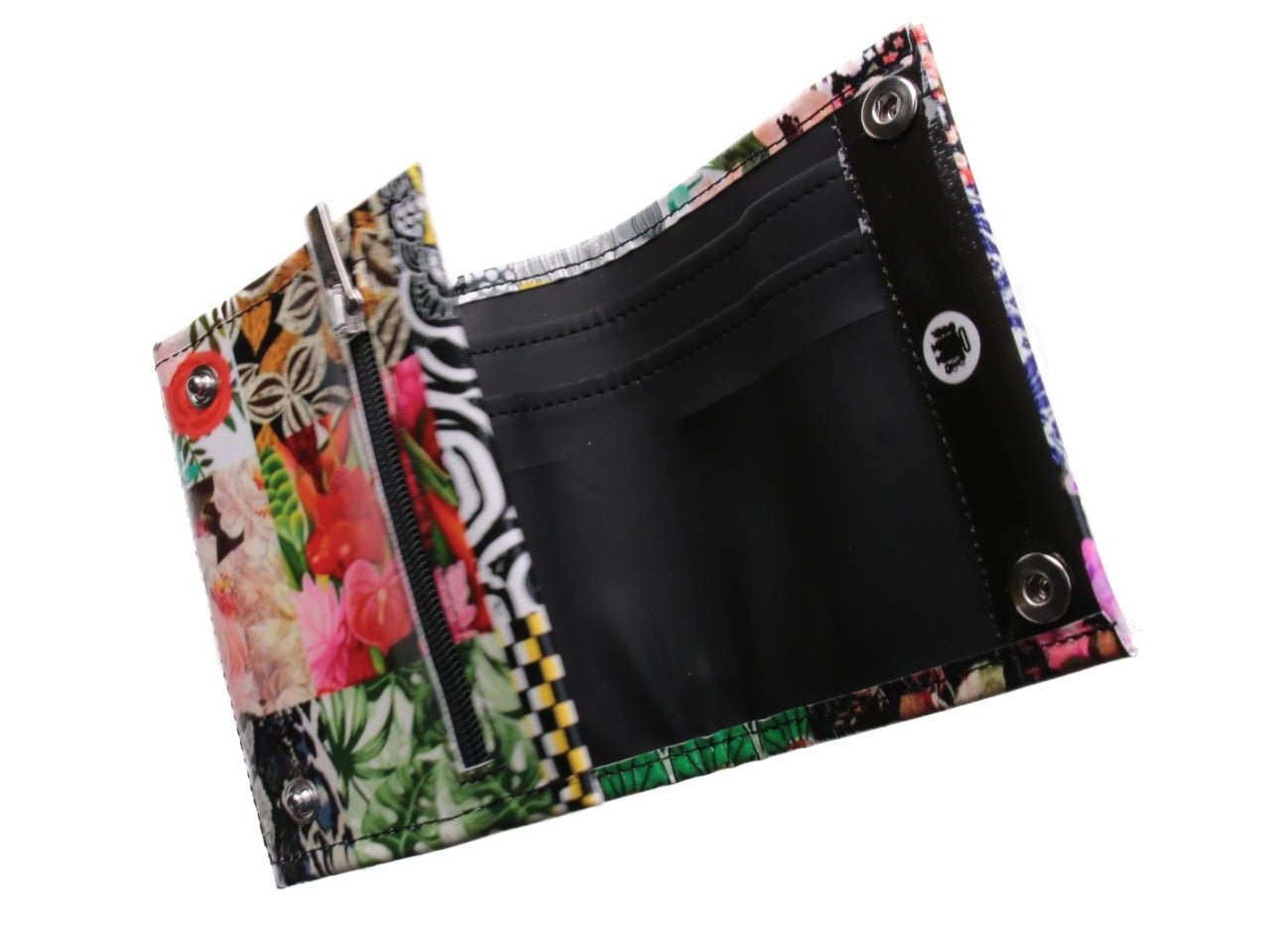 PORTAFOGLIO DONNA FANTASIA FLOREALE. MODELLO TREK REALIZZATO CON TELONI DI CAMION. - Edizione limitata Paul Meccanico
