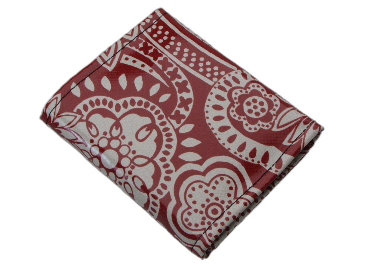 PORTAFOGLIO DONNA ROSSO SCURO E BEIGE COLORI FANTASIA MAIOLICA. MODELLO TREK REALIZZATO CON TELONI DI CAMION. - Edizione limitata Paul Meccanico