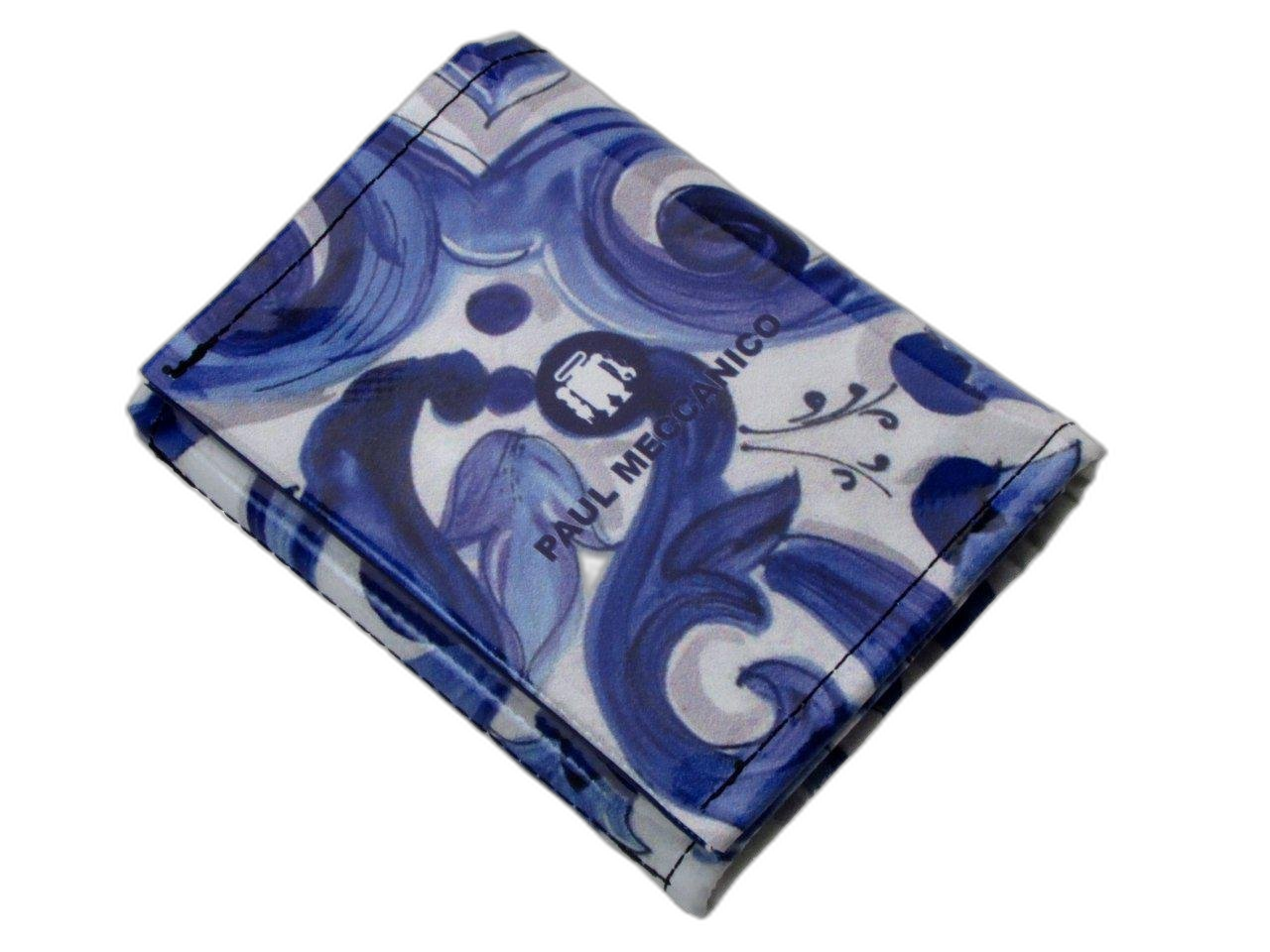 PORTAFOGLIO DONNA AZZURRO E BIANCO FANTASIA MAIOLICA. MODELLO TREK REALIZZATO CON TELONI DI CAMION. - Paul Meccanico