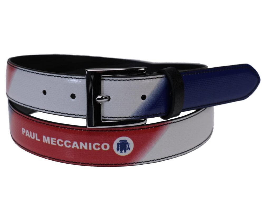CINTURA DA DONNA DI COLORE ROSSO, BIANCO E REALE REALIZZATA CON TELONI DI CAMION. - Pezzi unici Paul Meccanico