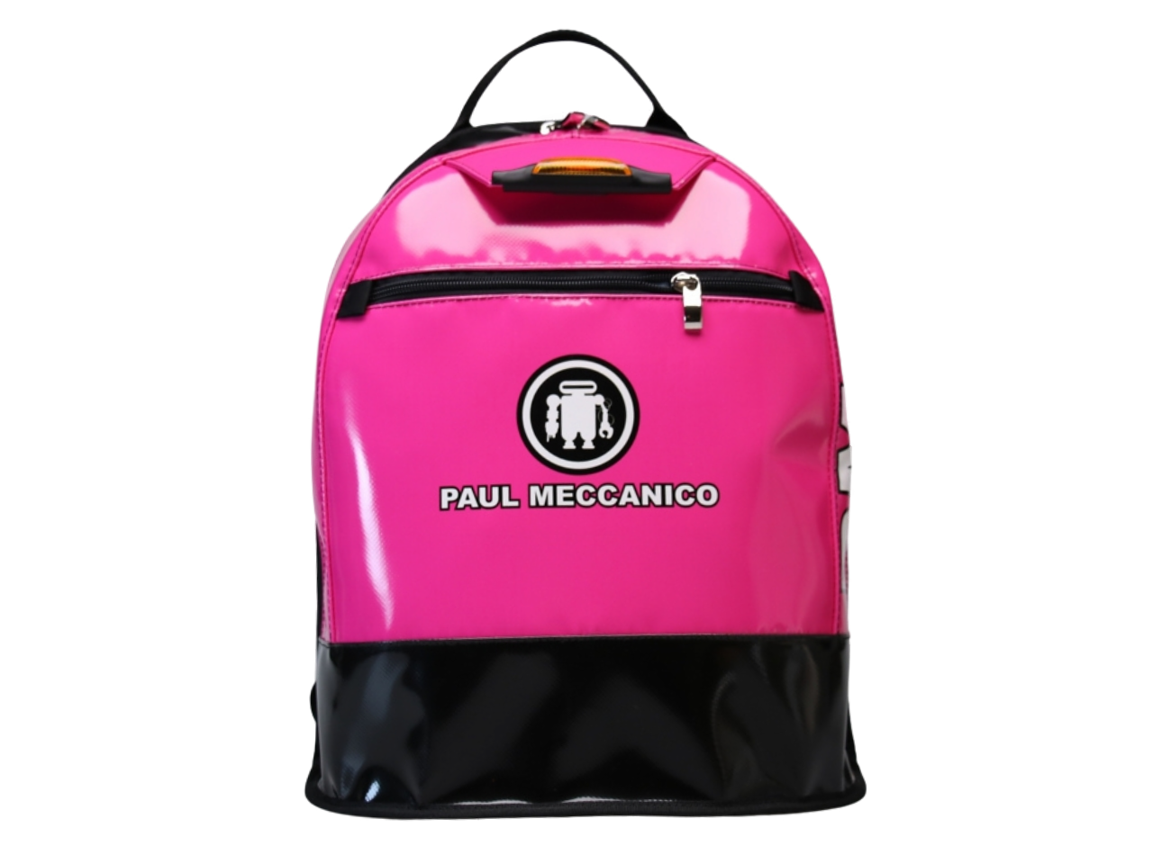SUPER backpack in fuchsia pink and black with white print, front view