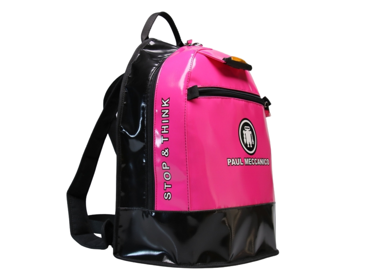 SUPER backpack in fuchsia pink and black, three-quarter view from the left