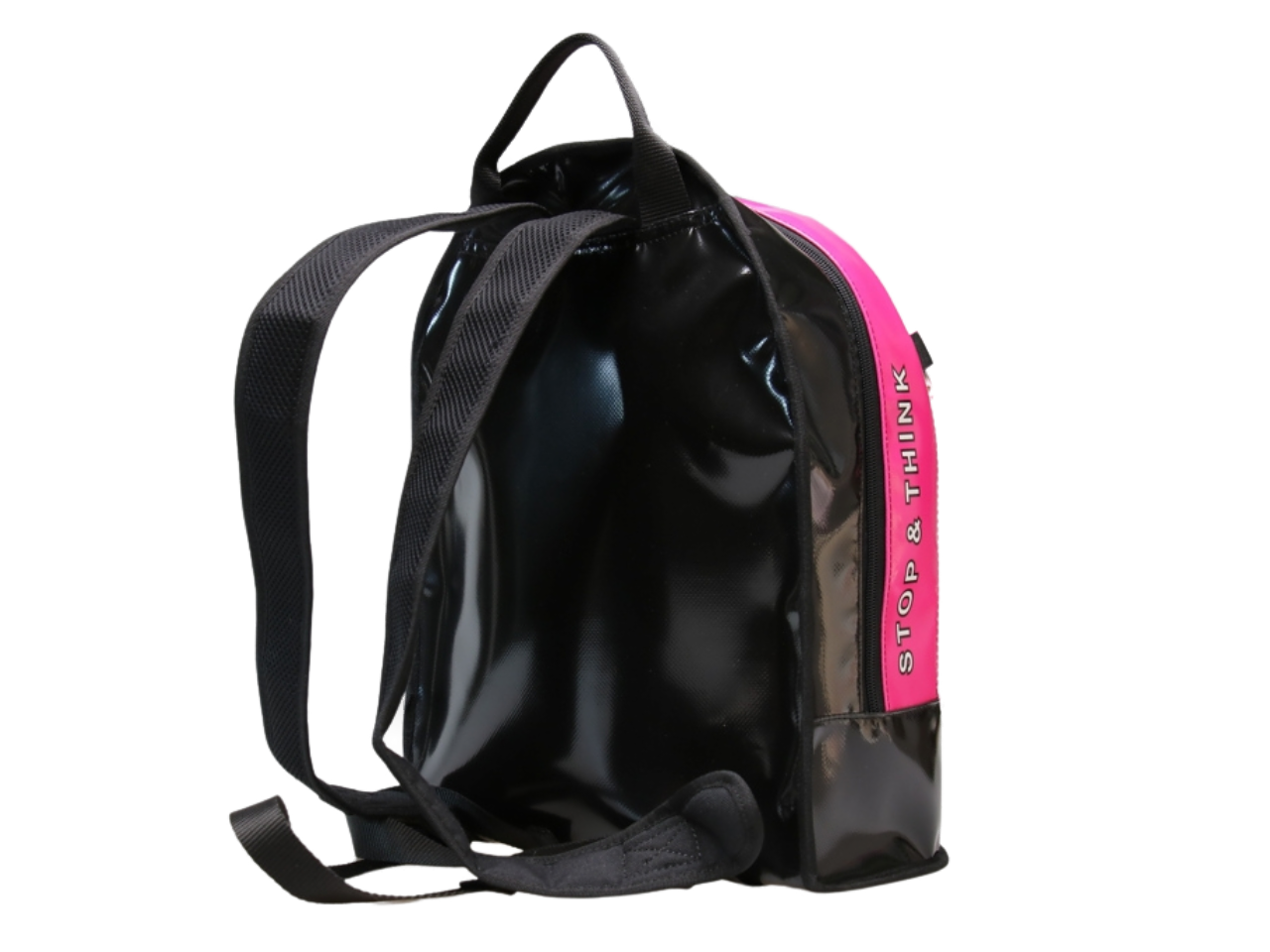 SUPER backpack in fuchsia pink and black, back view with shoulder straps